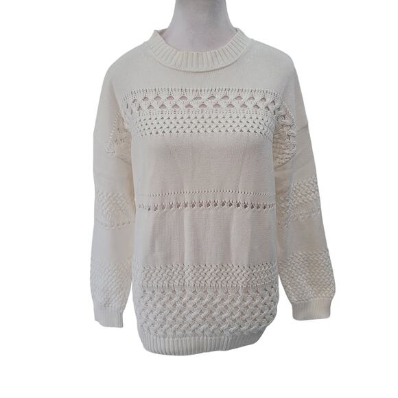 Dee Elly Size M Open Knit Cream Crewneck Sweater Boho Cottagecore Cozy Fall - Picture 1 of 6
